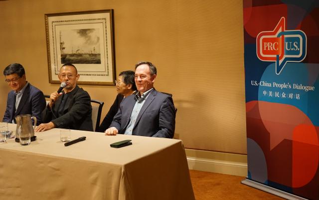(251117) -- LOS ANGELES, Nov. 17, 2025 (Xinhua) -- Chinese director, screenwriter and actor Jiang Wen (2nd L) speaks at the 2025 U.S.-China People's Dialogue held at the Huntington Library, Art Museum, and Botanical Gardens in Los Angeles, California, the United States, Nov. 16, 2025. The 2025 U.S.-China People's Dialogue opened here on Sunday with participants underscoring the essential role of people-to-people exchanges in fostering stable bilateral relations. (Photo by Zeng Hui/Xinhua)