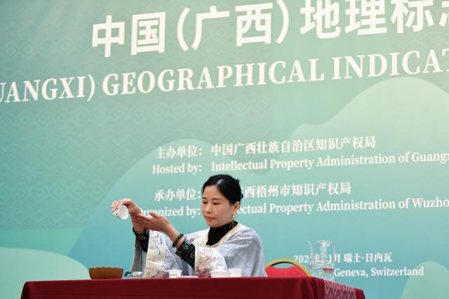 (251118) -- GENEVA, Nov. 18, 2025 (Xinhua) -- A staff member in traditional folk costume demonstrates tea ceremony during China (Guangxi) Geographical Indication Products Exhibition at the World Intellectual Property Organization (WIPO) headquarters in Geneva, Switzerland, Nov. 17, 2025.
  The two-day exhibition kicked off here on Monday, showcasing iconic products from south China's Guangxi Zhuang Autonomous Region, including tea, pottery and bamboo weaving craft. (Xinhua/Lian Yi)