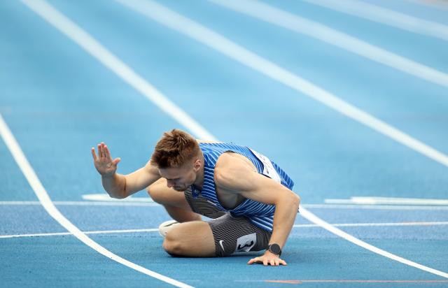 (251118) -- TOKYO, Nov. 18, 2025 (Xinhua) -- Tanel Visnap of Estonia reacts after the men's 100m final of athletics at the 25th Summer Deaflympics Tokyo 2025 in Tokyo, Japan, Nov. 18, 2025. (Xinhua/Jia Haocheng)