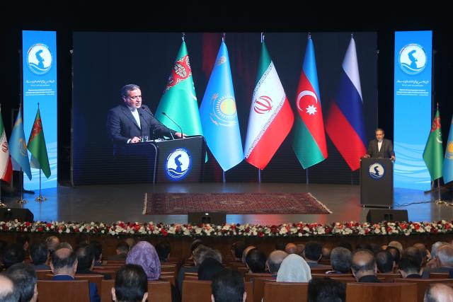 (251118) -- TEHRAN, Nov. 18, 2025 (Xinhua) -- Iranian Foreign Minister Seyed Abbas Araghchi speaks during the opening ceremony of the First Caspian Governors' Forum in the northern city of Rasht, Iran, Nov. 18, 2025. Iran on Tuesday opened the First Caspian Governors' Forum in Rasht, aiming to strengthen regional cooperation among the Caspian Sea littoral states. (Xinhua/Shadati)