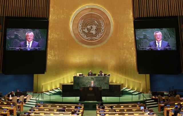 (251118) -- UNITED NATIONS, Nov. 18, 2025 (Xinhua) -- Fu Cong, China's permanent representative to the United Nations, speaks at the UN General Assembly's annual debate on Security Council reform, at the UN headquarters in New York, Nov. 18, 2025. Japan is totally unqualified to seek a permanent seat on the Security Council, said Fu Cong, China's permanent representative to the United Nations, at the UN General Assembly's annual debate on Security Council reform on Tuesday. (Xinhua/Xie E)