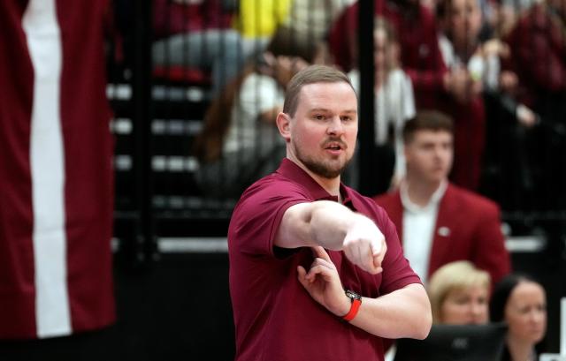 (251119) -- RIGA, Nov. 19, 2025 (Xinhua) -- Latvia's head coach Matiss Rozlapa reacts during the FIBA Women's EuroBasket 2027 Qualifiers match between Latvia and Estonia in Riga, Latvia. Nov. 18, 2025. (Photo by Edijs Palens/Xinhua)