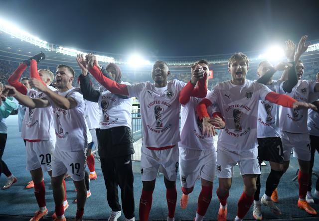 (251119) -- VIENNA, Nov. 19, 2025 (Xinhua) -- Players of Austria celebrate victory after the 2026 World Cup European Qualifiers match between Austria VS Bosnia and Herzegovina in Vienna, Austria, Nov. 18, 2025. (Xinhua/He Canling)