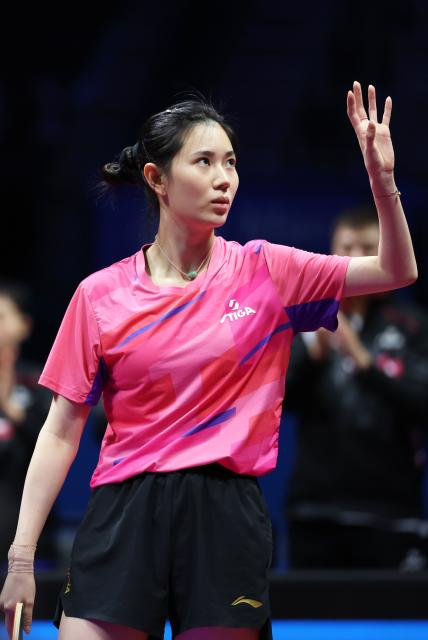 (251119) -- MACAO, Nov. 19, 2025 (Xinhua) -- Wang Tianyi of Hebei reacts in the match against Chen Meng of Shandong during the third match of women's team final of table tennis between Hebei and Shandong at China's 15th National Games in Macao, south China, Nov. 19, 2025. (Xinhua/Liu Xu)