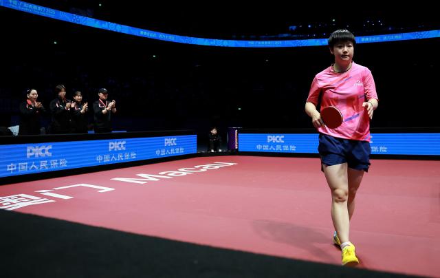 (251119) -- MACAO, Nov. 19, 2025 (Xinhua) -- Sun Yingsha of Hebei reacts in the match against Fan Siqi of Shandong during the second match of women's team final of table tennis between Hebei and Shandong at China's 15th National Games in Macao, south China, Nov. 19, 2025. (Xinhua/Liang Xu)