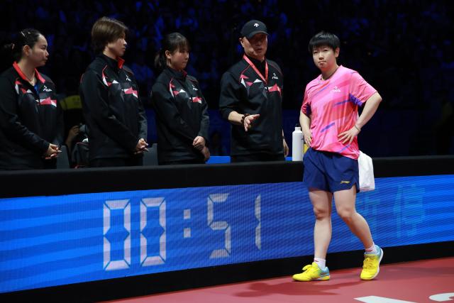 (251119) -- MACAO, Nov. 19, 2025 (Xinhua) -- Sun Yingsha of Hebei reacts in the match against Fan Siqi of Shandong during the second match of women's team final of table tennis between Hebei and Shandong at China's 15th National Games in Macao, south China, Nov. 19, 2025. (Xinhua/Liang Xu)
