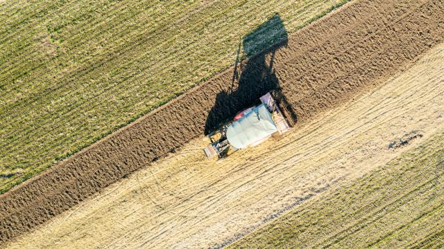 (251119) -- BEIJING, Nov. 19, 2025 (Xinhua) -- An aerial drone photo taken on Nov. 19, 2025 shows an agricultural machine working in a field in Shangqiu, central China's Henan Province. (Photo by Xu Zeyuan/Xinhua)