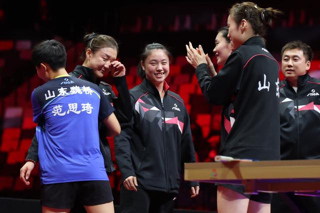 (251119) -- MACAO, Nov. 19, 2025 (Xinhua) -- Team Shandong celebrates after winning the table tennis women's team final between Shandong and Hebei at China's 15th National Games in Macao, south China, Nov. 19, 2025. (Xinhua/Liu Xu)