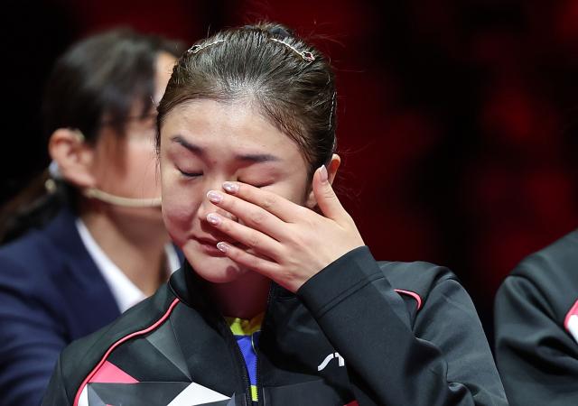 (251119) -- MACAO, Nov. 19, 2025 (Xinhua) -- Chen Meng of Shandong reacts after team Shandong winning the women's team final of table tennis against Hebei at China's 15th National Games in Macao, south China, Nov. 19, 2025. (Xinhua/Liang Xu)