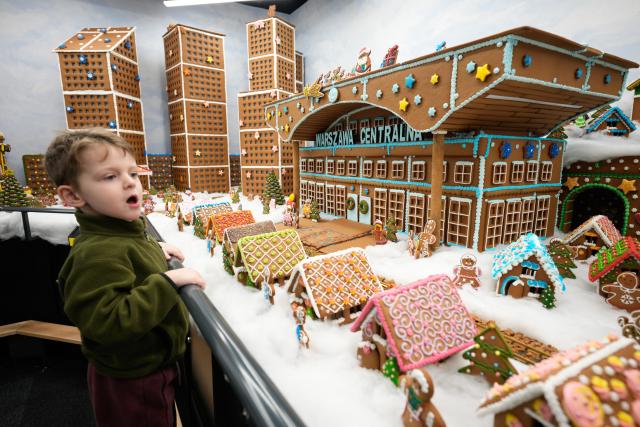 (251119) -- WARSWA, Nov. 19, 2025 (Xinhua) -- A boy observes models made from gingerbread and coloured sugar at the "Gingerbread City" exhibition in Warsaw, Poland, Nov. 19, 2025. (Photo by Jaap Arriens/Xinhua)