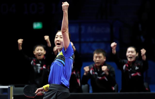 (251120) -- BEIJING, Nov. 20, 2025 (Xinhua) -- Chen Meng of Shandong reacts in the match against Wang Tianyi of Hebei during the third match of women's team final of table tennis between Hebei and Shandong at China's 15th National Games in Macao, south China, Nov. 19, 2025. (Xinhua/Liang Xu)