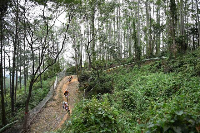 (251120) -- JIANGMEN, Nov. 20, 2025 (Xinhua) -- Athletes compete during the men's cross-country final of cycling mountain bike in Jiangmen, south China's Guangdong Province, Nov. 20, 2025. (Xinhua/Chen Zhonghao)