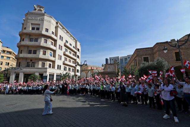 (251120) -- BEIRUT, Nov. 20, 2025 (Xinhua) -- People participate in a celebration event for Lebanon's upcoming Independence Day in downtown Beirut, Lebanon, Nov. 20, 2025. Lebanon's Independence Day falls on Nov. 22. (Xinhua/Bilal Jawich)