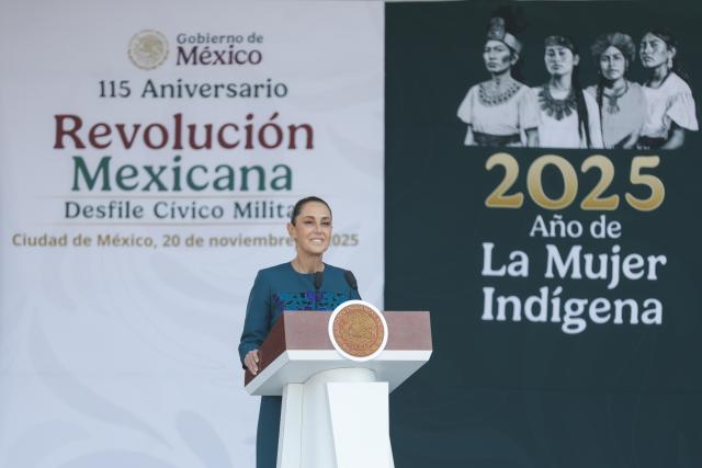 (251121) -- MEXICO CITY, Nov. 21, 2025 (Xinhua) -- Mexican President Claudia Sheinbaum speaks during the commemoration ceremony of the 115th anniversary of the Mexican Revolution at Zocalo Square in Mexico City, Mexico, Nov. 20, 2025. (Xinhua/Francisco Canedo)