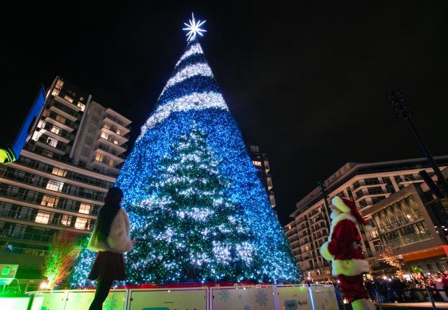 (251121) -- RICHMOND, Nov. 21, 2025 (Xinhua) -- A giant Christmas tree is lit during a Christmas tree lighting ceremony at Richmond Centre Plaza in Richmond, British Columbia, Canada, Nov. 20, 2025.
  The 78-foot-tall Christmas tree is illuminated during the ceremony here on Thursday, marking the start of the festive season. (Photo by Liang Sen/Xinhua)