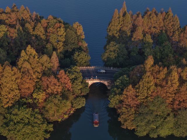 (251121) -- BEIJING, Nov. 21, 2025 (Xinhua) -- An aerial drone photo shows cars running on the Yanggongdi Causeway, with a boat sailing beneath it, in the West Lake scenic area in Hangzhou, east China's Zhejiang Province, Nov. 21, 2025. (Xinhua/Huang Zongzhi)