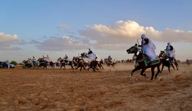 (251122) -- TRIPOLI, Nov. 22, 2025 (Xinhua) -- Riders race their horses at the Zelten traditional equestrian festival in Zelten, Libya, on Nov. 21, 2025. The festival, held from Nov. 21 to 22, aimed to promote the local traditional equestrian culture. (Photo by Hazem Turkia/Xinhua)