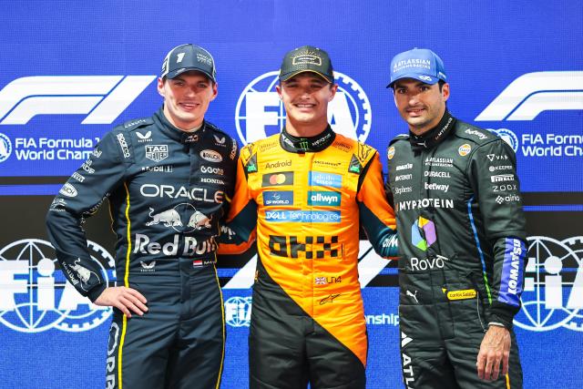 (251122) -- LAS VEGAS, Nov. 22, 2025 (Xinhua) -- First-placed McLaren's British driver Lando Norris (C), second-placed Red Bull's Dutch driver Max Verstappen (L) and third-placed Williams' Spanish driver Carlos Sainz pose on the podium after the qualifying session of the 2025 Formula One U.S. Grand Prix at Las Vegas Circuit, in Las Vegas, the United States, Nov. 21, 2025. (Photo by Qian Jun/Xinhua)