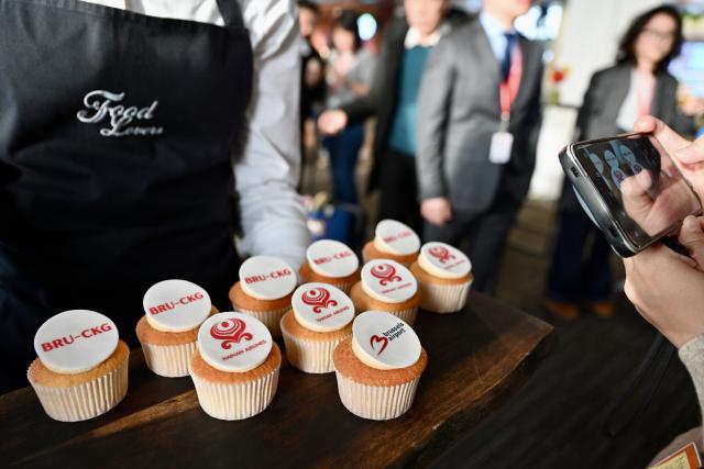 (251123) -- BRUSSELS, Nov. 23, 2025 (Xinhua) -- Themed desserts are served at the inaugural ceremony of the Hainan Airlines flight HU470 from Brussels to Chongqing at the Brussels Airport in Brussels, Belgium, Nov. 22, 2025.
  China's Hainan Airlines on Saturday launched a direct passenger service between Brussels and southwest China's Chongqing Municipality, adding a new air link between Belgium and China's western region.
  The route, operated three times a week as flight HU470 from Brussels, is the carrier's fourth direct connection from Brussels to the Chinese mainland, after services to Beijing, Shanghai and Shenzhen, the airline said. (Xinhua/Lyu You)