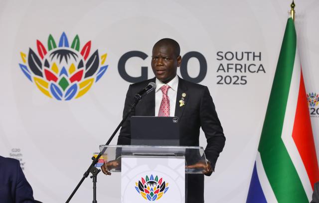 (251123) -- JOHANNESBURG, Nov. 23, 2025 (Xinhua) -- South African International Relations and Cooperation Minister Ronald Lamola speaks during a press conference in Johannesburg, South Africa, Nov. 22, 2025.
  World leaders at the 20th Group of 20 (G20) Summit adopted the G20 South Africa Summit's Leaders' Declaration on Saturday.
  The announcement of the declaration's adoption was made at the opening of the summit, the first ever held in Africa. The two-day gathering is being held in Johannesburg under the theme "Solidarity, Equality and Sustainability."
  The leaders' declaration reflects a shared recognition that global challenges require more coordinated and equitable approaches.
  TO GO WITH "G20 leaders reach consensus on major global challenges in declaration" (Xinhua/Chen Wei)