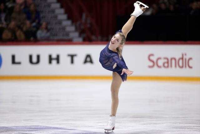 (251123) -- HELSINKI, Nov. 23, 2025 (Xinhua) -- Amber Glenn of the United States competes during the women's free skating at the ISU Grand Prix of Figure Skating event Finlandia Trophy 2025 in Helsinki, Finland, Nov. 22, 2025. (Photo by Matti Matikainen/Xinhua)