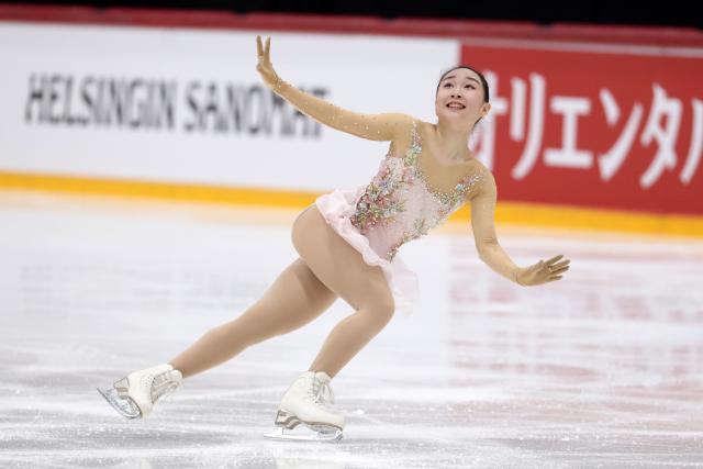 (251123) -- HELSINKI, Nov. 23, 2025 (Xinhua) -- Matsuike Rino of Japan competes during the women's free skating at the ISU Grand Prix of Figure Skating event Finlandia Trophy 2025 in Helsinki, Finland, Nov. 22, 2025. (Photo by Matti Matikainen/Xinhua)