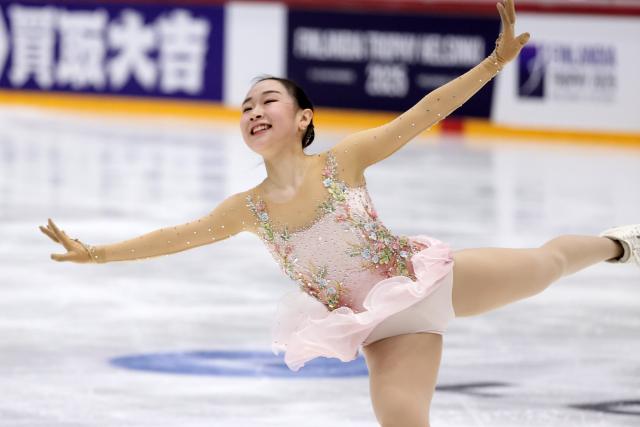 (251123) -- HELSINKI, Nov. 23, 2025 (Xinhua) -- Matsuike Rino of Japan competes during the women's free skating at the ISU Grand Prix of Figure Skating event Finlandia Trophy 2025 in Helsinki, Finland, Nov. 22, 2025. (Photo by Matti Matikainen/Xinhua)