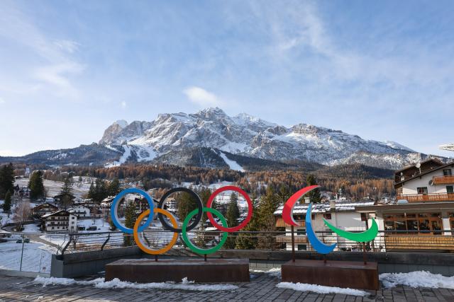 (251123) -- CORTINA D'AMPEZZO, Nov. 23, 2025 (Xinhua) -- This photo taken on Nov. 22, 2025 shows the emblem of Olympic and Paralympic in Cortina D'Ampezzo, Italy. Located in Italy's northern region of Veneto, Cortina d'Ampezzo is famed for its beauty, ski resort and sporting legacy, beginning with the 1956 Olympic Winter Games and carrying through to Milan-Cortina 2026. (Xinhua/Li Jing)