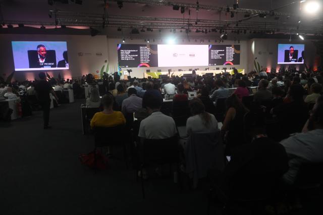 (251123) -- BELEM, Nov. 23, 2025 (Xinhua) -- Delegates attend a plenary session of the 30th United Nations Climate Change Conference (COP30) in Belem, Brazil, Nov. 22, 2025.
  The COP30 on Saturday approved a document titled "Global Mutirao: Uniting humanity in a global mobilization against climate change" during its closing session. (Photo by Lucio Tavora/Xinhua)