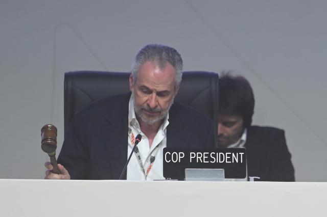 (251123) -- BELEM, Nov. 23, 2025 (Xinhua) -- President of the 30th United Nations Climate Change Conference (COP30) Andre Correa do Lago strikes the gavel to confirm a decision during a plenary session of COP30 in Belem, Brazil, on Nov. 22, 2025.
  The COP30 on Saturday approved a document titled "Global Mutirao: Uniting humanity in a global mobilization against climate change" during its closing session. (Photo by Lucio Tavora/Xinhua)