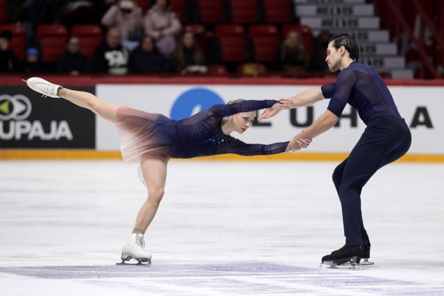 (251123) -- HELSINKI, Nov. 23, 2025 (Xinhua) -- Minerva Fabienne Hase (L)/Nikita Volodin of Germany compete during the pairs free skating at the ISU Grand Prix of Figure Skating event Finlandia Trophy 2025 in Helsinki, Finland, Nov. 22, 2025. (Photo by Matti Matikainen/Xinhua)