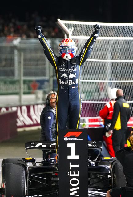 (251123) -- LAS VEGAS, Nov. 23, 2025 (Xinhua) -- Red Bull's Dutch driver Max Verstappenn celebrates winning the 2025 Formula One U.S. Grand Prix at Las Vegas Circuit, in Las Vegas, the United States, Nov. 22, 2025. (Xinhua/Wu Xiaoling)