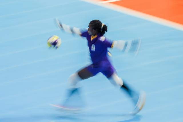 (251123) -- PASIG CITY, Nov. 23, 2025 (Xinhua) -- Goalkeeper Zuhura Waziri of Tanzania competes during the Group C match between Portugal and Tanzania at the FIFA Futsal Women's World Cup 2025 in Pasig City, the Philippines, Nov. 23, 2025. (Xinhua/Rouelle Umali)