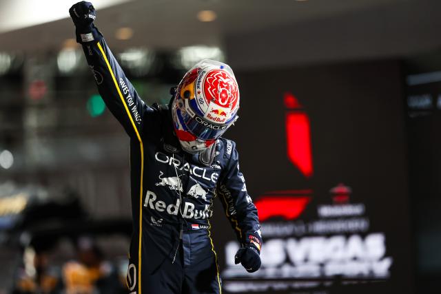 (251123) -- LAS VEGAS, Nov. 23, 2025 (Xinhua) -- Red Bull's Dutch driver Max Verstappenn celebrates winning the 2025 Formula One U.S. Grand Prix at Las Vegas Circuit, in Las Vegas, the United States, Nov. 22, 2025. (Photo by Song Haiyuan/Xinhua)
