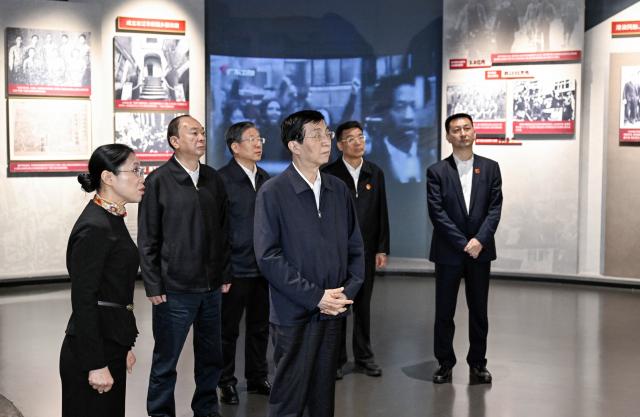 (251123) -- SHENZHEN, Nov. 23, 2025 (Xinhua) -- Wang Huning, a member of the Standing Committee of the Political Bureau of the Communist Party of China (CPC) Central Committee and chairman of the National Committee of the Chinese People's Political Consultative Conference (CPPCC), visits a memorial museum dedicated to a CPC-led guerrilla force against Japanese aggression in Guangdong during World War II, in Huizhou, south China's Guangdong Province, Nov. 23, 2025. Wang made a fact-finding and research tour in Shenzhen and Huizhou, two cities located in southern China's Guangdong Province, from Nov. 21 to 23. (Xinhua/Yin Bogu)