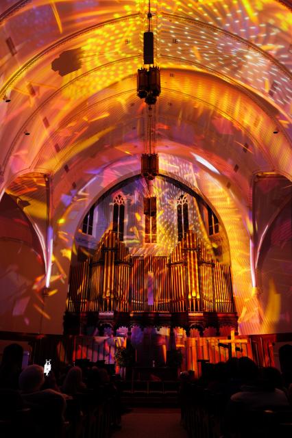 (251124) -- TORONTO, Nov. 24, 2025 (Xinhua) -- An immersive Vivaldi Light Show is staged at Knox Presbyterian Church in Toronto, Ontario, Canada, on Nov. 23, 2025. Accompanied by the melodies of Vivaldi's "The Four Seasons," the visual projections took the audience on an extraordinary journey through spring, summer, autumn, and winter. (Photo by Yang Shu/Xinhua)