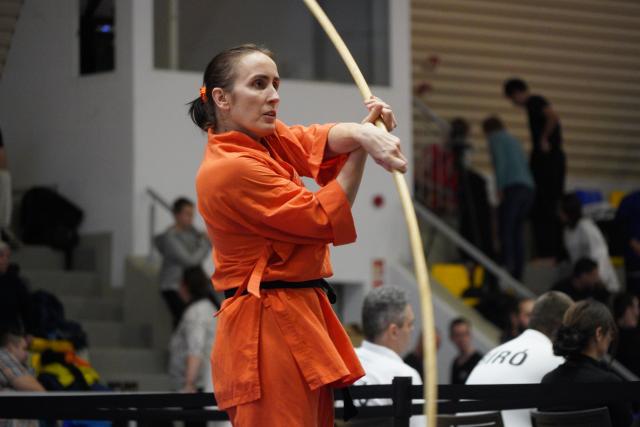 (251124) -- FOT, Nov. 24, 2025 (Xinhua) -- Maria Arutyunjan competes in the 2025 Hungarian Wushu Championships in Fot, a small town in the Budapest region, Hungary, on Nov. 22, 2025. TO GO WITH "Wushu passion sweeps Budapest at Hungarian Championships" (Xinhua/Chen Hao)