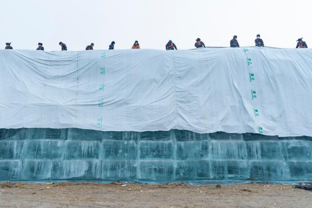 (251124) -- HARBIN, Nov. 24, 2025 (Xinhua) -- Staff members remove the covering on the ice cubes at an ice storage site for the Harbin Ice-Snow World in Harbin, northeast China's Heilongjiang Province, Nov. 24, 2025. The 27th edition of the Harbin Ice-Snow World, a renowned seasonal theme park in Harbin, will officially begin construction on Nov. 25 this year. (Xinhua/Xie Jianfei)