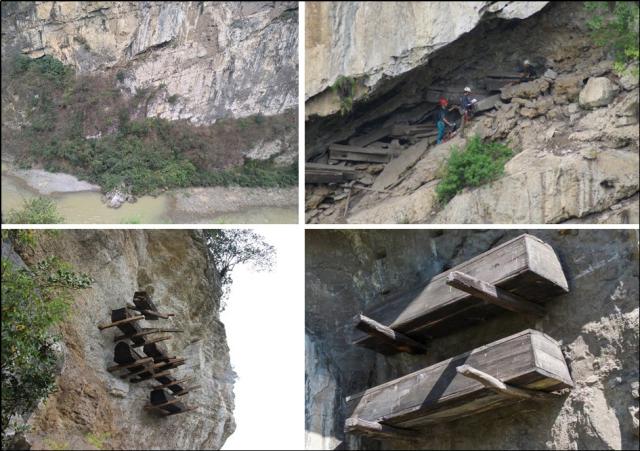 (251124) -- KUNMING, Nov. 24, 2025 (Xinhua) -- This combo file photo shows the hanging coffin remains found in Zhaotong, southwest China's Yunnan Province. TO GO WITH "Genomic study links China's ancient hanging coffins to modern community" (Xinhua)