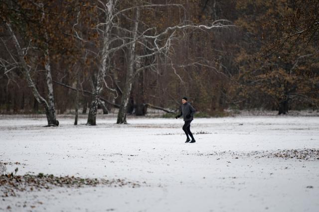 (251124) -- BERLIN, Nov. 24, 2025 (Xinhua) -- A man jogs at the Tiergarten Park in Berlin, Germany, Nov. 24, 2025. Berlin saw its first snowfall of the winter season on Monday. (Xinhua/Zhang Haofu)