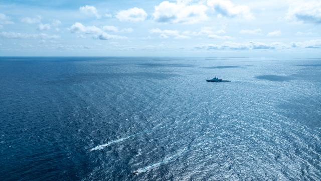 (251124) -- SOUTH CHINA SEA, Nov. 24, 2025 (Xinhua) -- An aerial drone photo shows the China Coast Guard (CCG) patrolling in the territorial waters of China's Huangyan Dao and surrounding areas on Nov. 14, 2025. (Xinhua/Bei He)