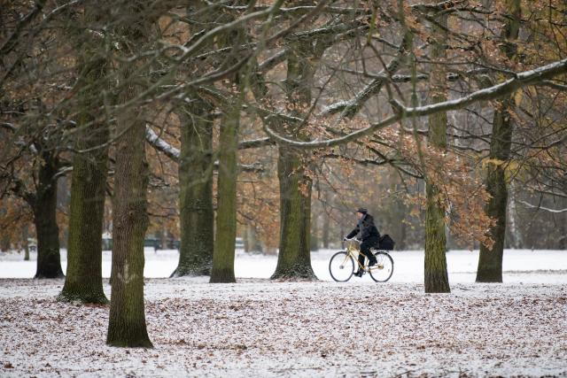 (251125) -- BEIJING, Nov. 25, 2025 (Xinhua) -- A woman rides at the Tiergarten Park in Berlin, Germany, Nov. 24, 2025. Berlin saw its first snowfall of the winter season on Monday. (Xinhua/Zhang Haofu)
