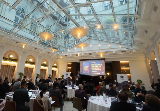 (251125) -- BUDAPEST, Nov. 25, 2025 (Xinhua) -- People attend a book launch event and the China-EU relations symposium in Budapest, Hungary, on Nov. 24, 2025. Chinese and European scholars and diplomats gathered in Budapest on Monday to mark the 50th anniversary of China-EU diplomatic relations, calling for concentration on common interests and pragmatic engagement as global uncertainty increases.
   The symposium, titled "Rethinking and Reshaping China-EU Relations in a Turbulent World," was co-organized by the think tank Eurasia Center in Hungary and Fudan University's Center for China-EU Relations. It also saw the launch of a new joint academic volume, "Sino-European Relations and the Reshaping of the International Order," presenting perspectives from Chinese, Hungarian, Czech and Serbian scholars on the evolution of China-EU ties over the past half-century. (Photo by Attila Volgyi/Xinhua)