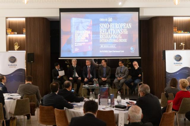 (251125) -- BUDAPEST, Nov. 25, 2025 (Xinhua) -- Panelists attend a round table discussion during a book launch event and the China-EU relations symposium in Budapest, Hungary, on Nov. 24, 2025. Chinese and European scholars and diplomats gathered in Budapest on Monday to mark the 50th anniversary of China-EU diplomatic relations, calling for concentration on common interests and pragmatic engagement as global uncertainty increases.
   The symposium, titled "Rethinking and Reshaping China-EU Relations in a Turbulent World," was co-organized by the think tank Eurasia Center in Hungary and Fudan University's Center for China-EU Relations. It also saw the launch of a new joint academic volume, "Sino-European Relations and the Reshaping of the International Order," presenting perspectives from Chinese, Hungarian, Czech and Serbian scholars on the evolution of China-EU ties over the past half-century. (Photo by Attila Volgyi/Xinhua)