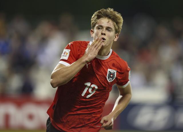 (251125) -- DOHA, Nov. 25, 2025 (Xinhua) -- Johannes Moser of Austria celebrates after scoring during the semifinal match between Austria and Italy at the FIFA U17 World Cup 2025 in Doha, Qatar, on Nov. 24, 2025. (Photo by Nikku/Xinhua)