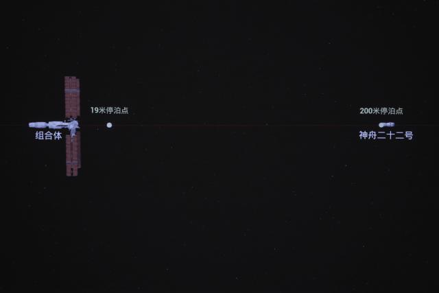 (251125) -- BEIJING, Nov. 25, 2025 (Xinhua) -- This simulated image captured at the Beijing Aerospace Control Center on Nov. 25, 2025 shows the Shenzhou-22 spaceship docking with the space station combination. China's Shenzhou-22 spaceship successfully docked with the space station combination Tuesday, according to the China Manned Space Agency. (Xinhua/Wang Chuntao)