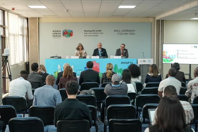 (251125) -- NAIROBI, Nov. 25, 2025 (Xinhua) -- Photo taken on Nov. 25, 2025, shows the scene of a media briefing on the 13th session of World Urban Forum, scheduled in Baku, Azerbaijan in May 2026, in Nairobi, Kenya. TO GO WITH "UN-Habitat renews call for sustainable urbanization in Global South" (Xinhua/Han Xu)