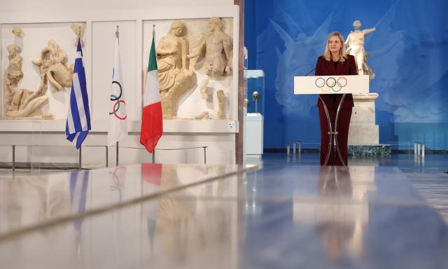(251126) -- ANCIENT OLYMPIA, Nov. 26, 2025 (Xinhua) -- International Olympic Committee (IOC) President Kirsty Coventry delivers a speech during the Olympic flame lighting ceremony for the Milan-Cortina 2026 Winter Olympic Games in Ancient Olympia, Greece, on Nov. 26, 2025. (Xinhua/Li Jing)