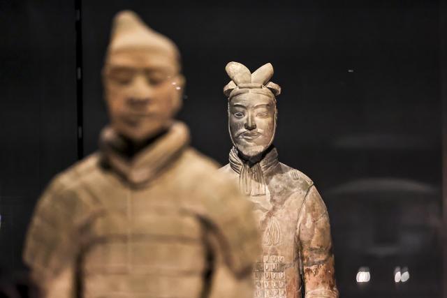 (251126) -- BUDAPEST, Nov. 26, 2025 (Xinhua) -- Exhibits are pictured during the media preview of the exhibition "The Civilization of the Qin and Han Dynasties -- The First Chinese Emperor's Terracotta Warriors" at the Museum of Fine Arts in Budapest, Hungary on Nov. 26, 2025. (Photo by David Balogh/Xinhua)
