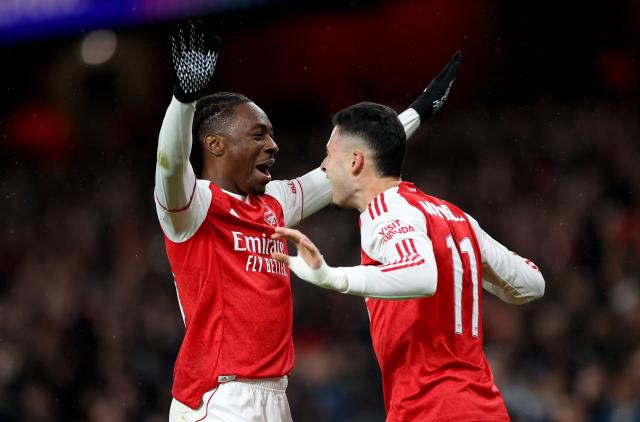 (251127) -- LONDON, Nov. 27, 2025 (Xinhua) -- Arsenal's Gabriel Martinelli (R) celebrates scoring during the UEFA Champions League football match between Arsenal and Bayern Munich in London, Britain, Nov. 26, 2025. (Xinhua/Li Ying)